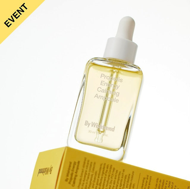 BY WISHTREND Propolis Energy Calming Ampoule 30ml, flacon sérum apaisant avec étiquette jaune sur fond clair.