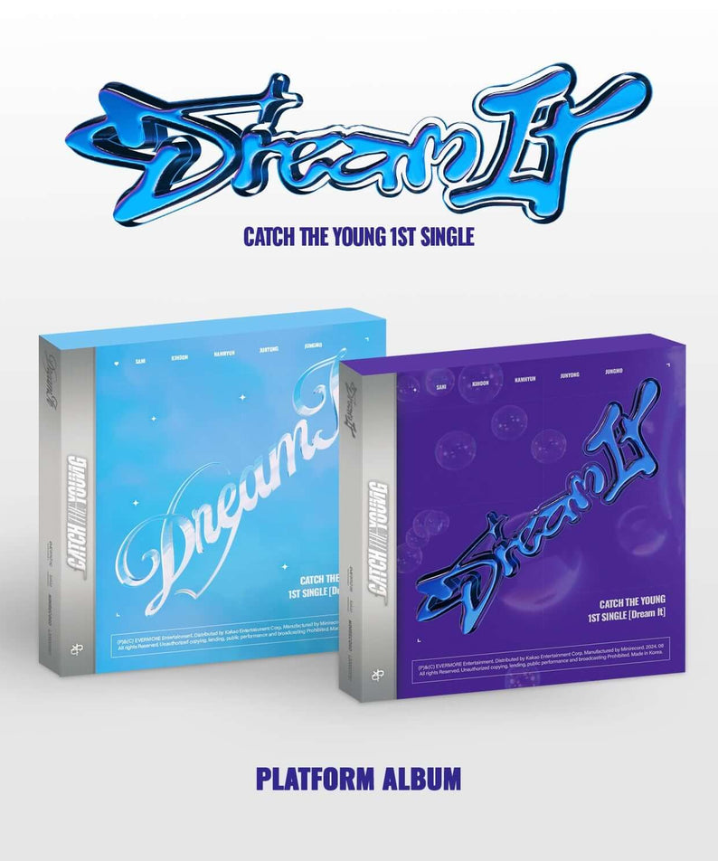 CATCH THE YOUNG - 1st Album [Dream It] (META) (Set of 2) - album Kpop : coffrets plateforme Dream It, design bleu et violet.