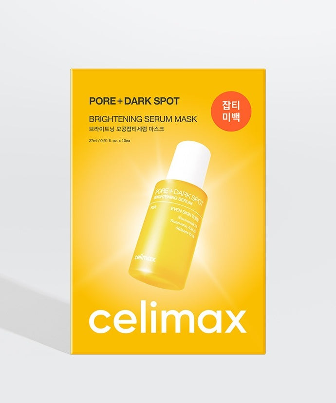 CELIMAX Brightening Pore Blemish Serum Mask 10 sheets sur emballage jaune, sérum masque visage à l’éclat pour peau.