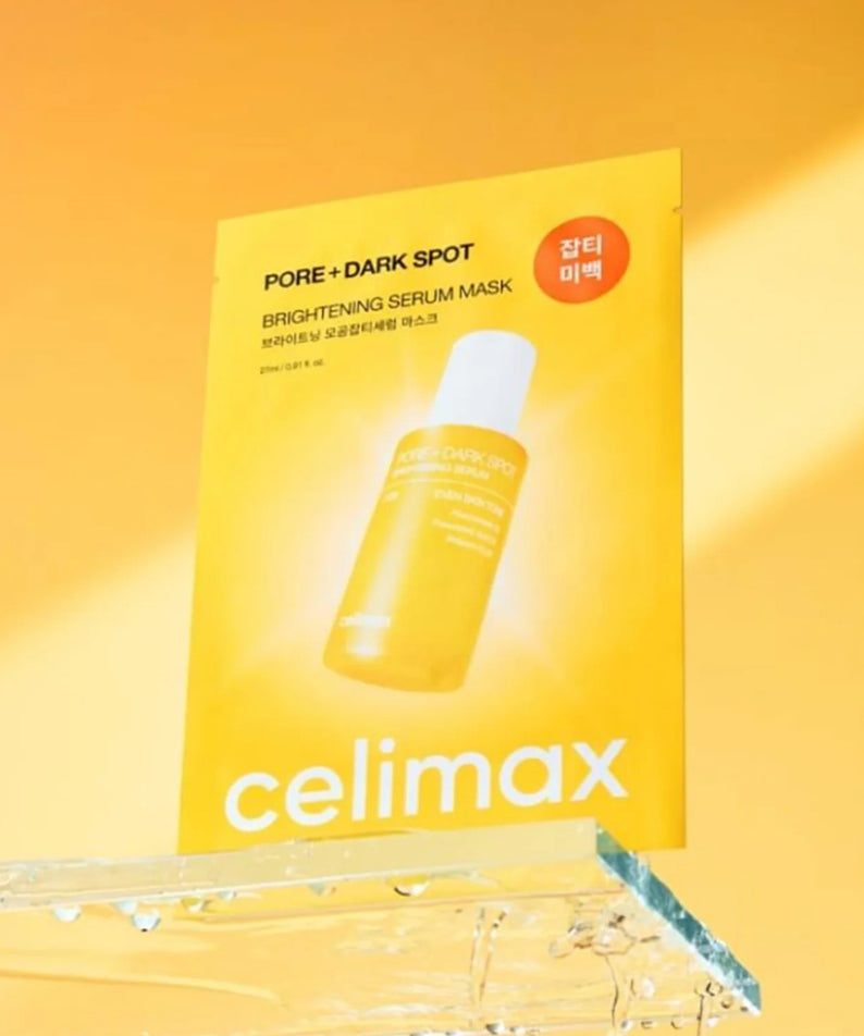 CELIMAX Brightening Pore Blemish Serum Mask 10 sheets, pack jaune sur fond lumineux, sérum masque pour pores et taches