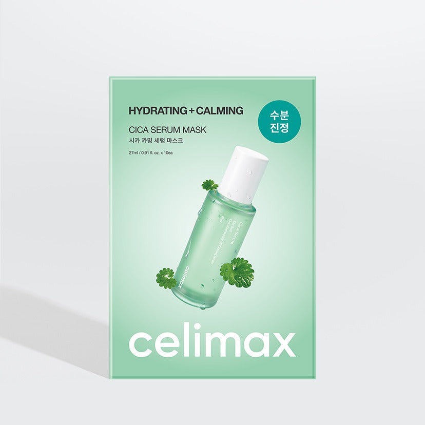 CELIMAX Cica Serum Mask 10 Sheets, masque hydratant apaisant, boîte verte sur fond blanc avec sérum et motif cica