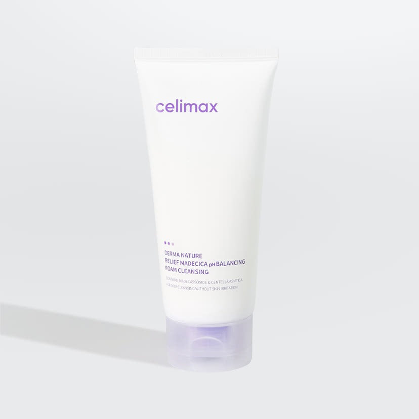 CELIMAX Derma Nature Relief Madecica pH Balancing Foam Cleansing 150ml, tube blanc sur fond clair, vue produit marque Celimax