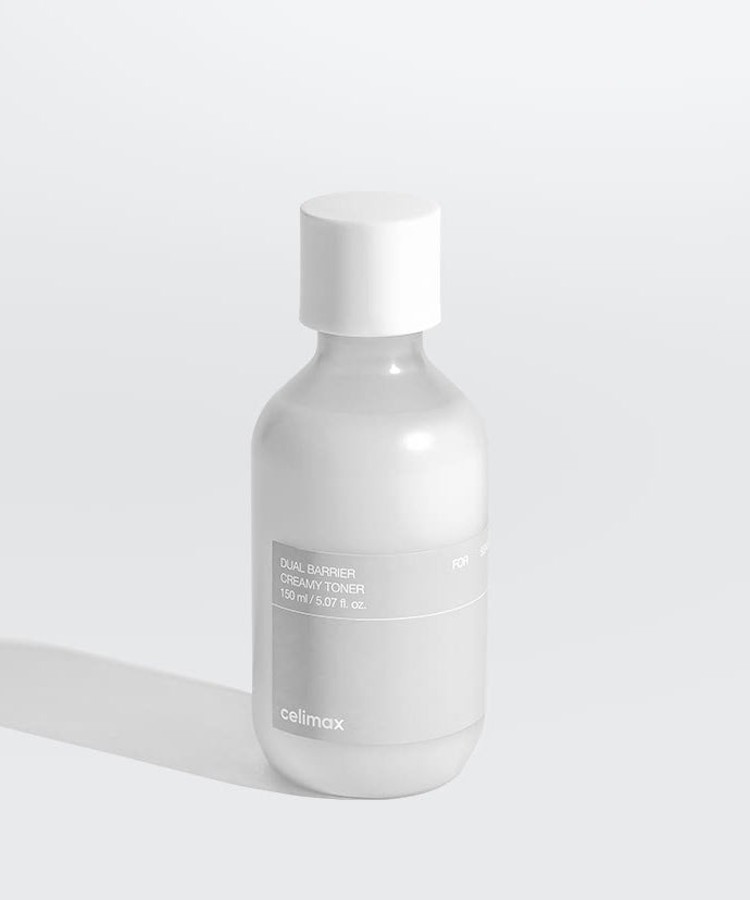CELIMAX Dual Barrier Creamy Toner 150ml, flacon sur fond clair minimaliste, marque CELIMAX, contexte visuel produit