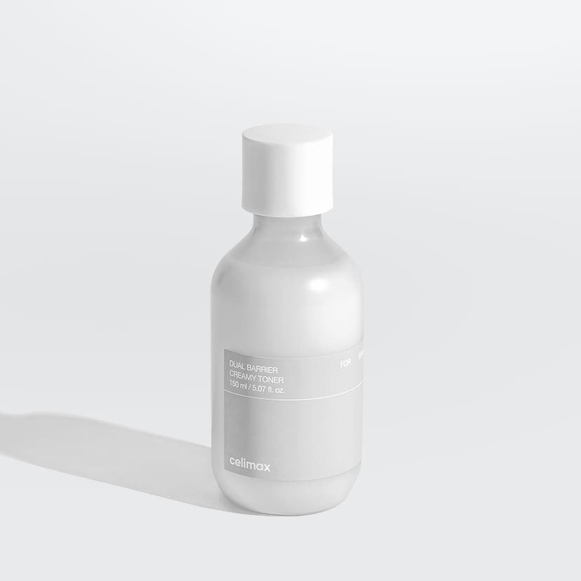 CELIMAX Dual Barrier Creamy Toner 150ml, flacon sur fond clair minimaliste, marque CELIMAX, contexte visuel produit