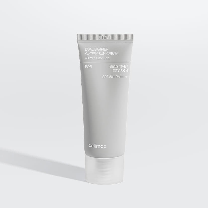CELIMAX Dual Barrier Watery Sun Cream 40ml, tube crème solaire sur fond blanc (produit beauté, marque Celimax).