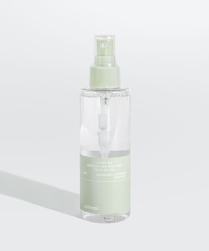CELIMAX Ji Woo Gae Heartleaf BHA Body Mist 150ml, flacon spray vert sur fond blanc, marque CELIMAX, soin visage/corps.