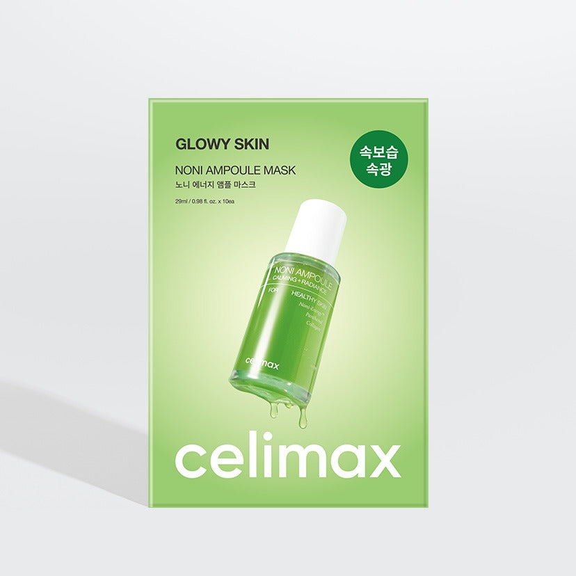 CELIMAX Noni Ampoule Mask 10 Sheets de la marque CELIMAX, boîte verte sur fond clair, flacon et feuille de masque