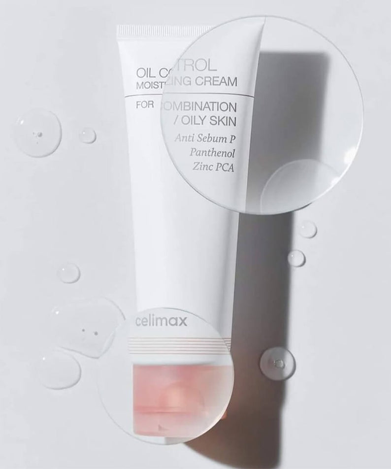 CELIMAX Oil Control Moisturizing Cream 80ml, crème anti-brillance sur fond clair avec gouttes, logo CELIMAX visible.