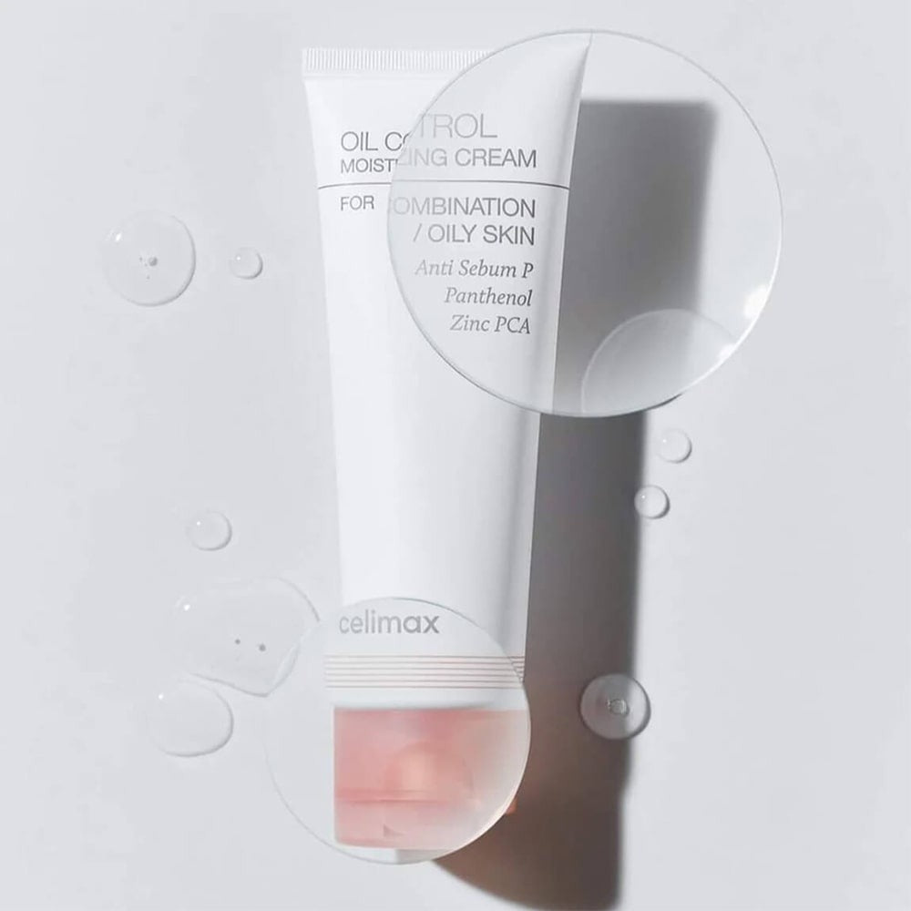 CELIMAX Oil Control Moisturizing Cream 80ml, crème anti-brillance sur fond clair avec gouttes, logo CELIMAX visible.