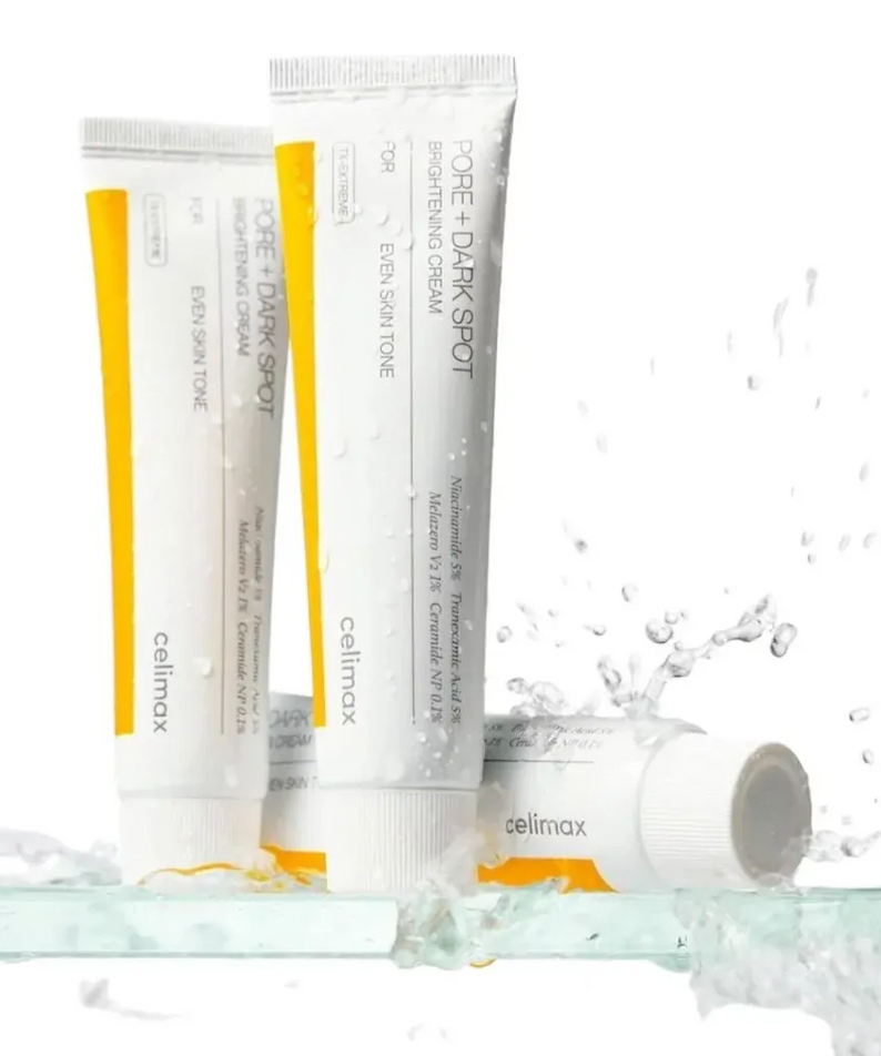 CELIMAX Pore Dark Spot Brightening Cream 35ml, tubes de la marque sur fond blanc avec gouttes et éclaboussures