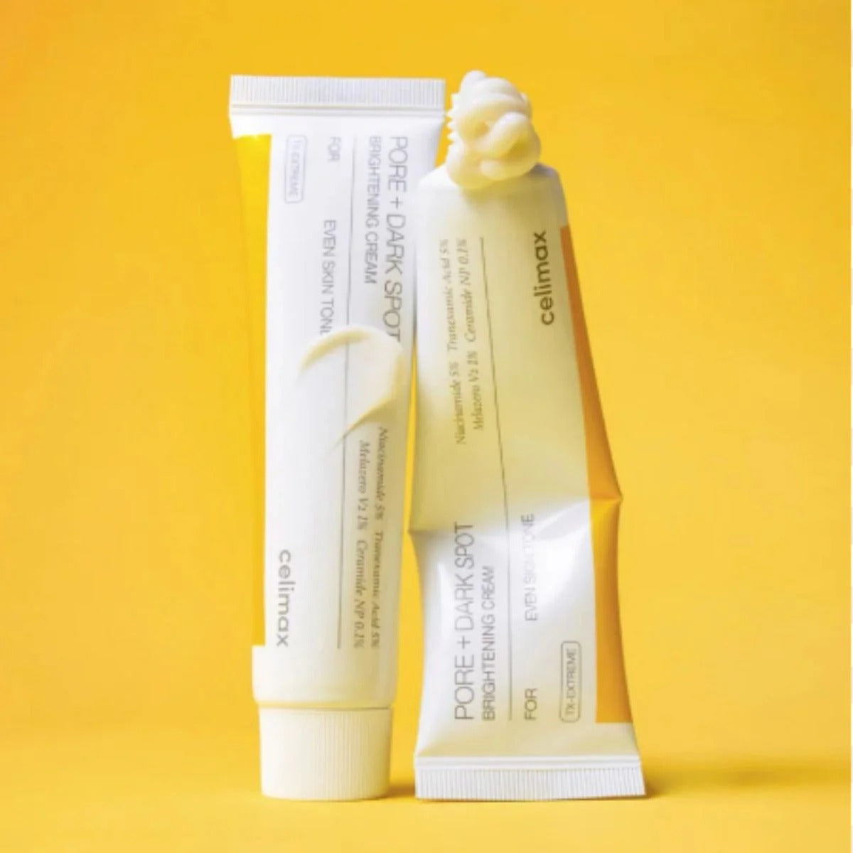 CELIMAX Pore Dark Spot Brightening Cream 35ml, tubes et crème sur fond jaune, marque CELIMAX, visuel produit cosmétique