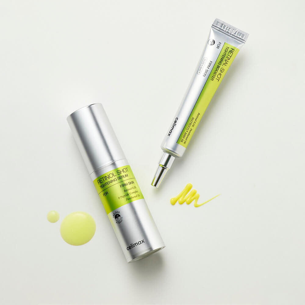 CELIMAX Retinol Shot Tightening Serum 30ml : sérum de la marque CELIMAX sur fond clair, tube argent et touche jaune.