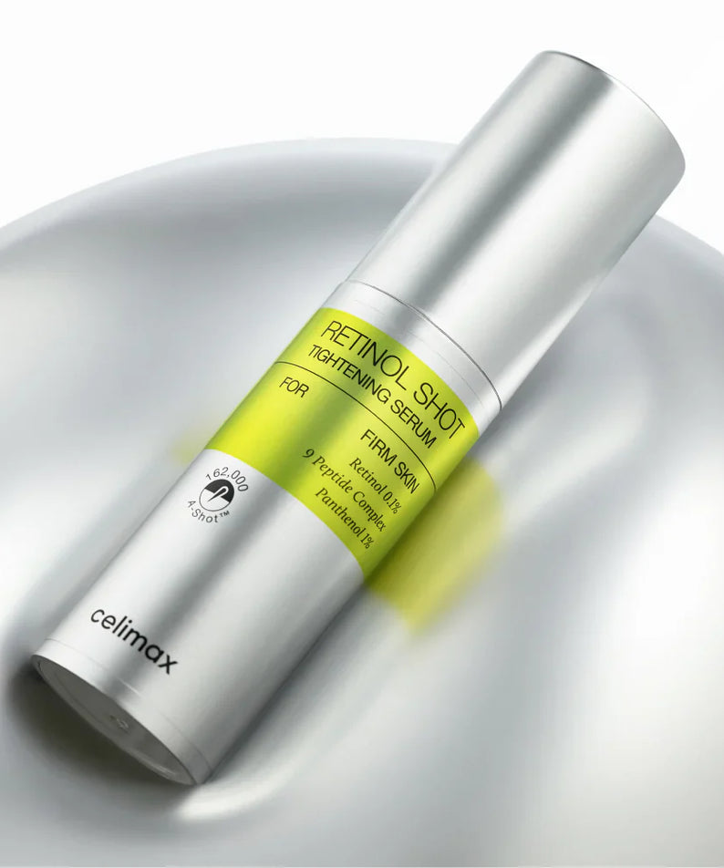 CELIMAX Retinol Shot Tightening Serum 30ml de la marque CELIMAX, flacon argent sur fond blanc, lumière douce.