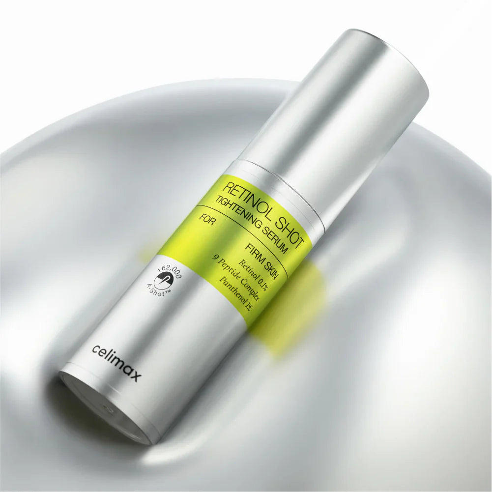 CELIMAX Retinol Shot Tightening Serum 30ml de la marque CELIMAX, flacon argent sur fond blanc, lumière douce.