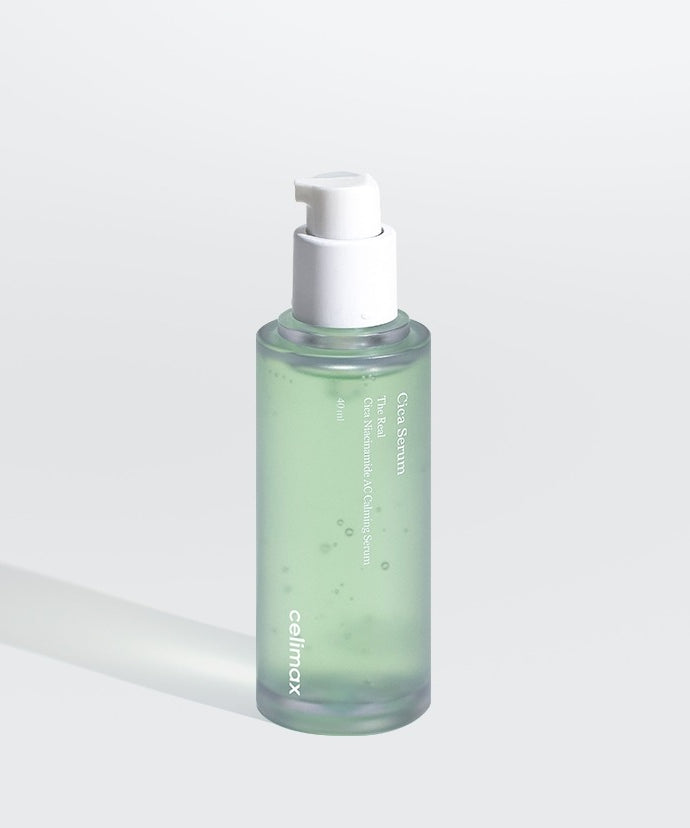 CELIMAX The Real Cica Nicinamide AC Calming Seru 40ml, flacon sérum vert sur fond blanc, marque produit beauté soin visage