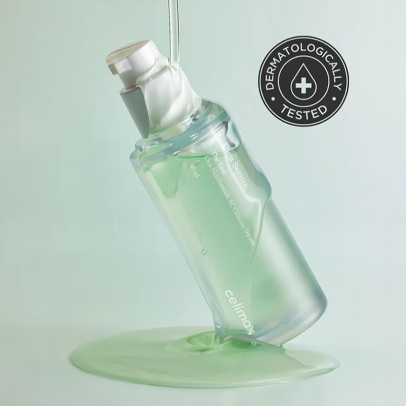 CELIMAX The Real Cica Nicinamide AC Calming Seru 40ml, marque CELIMAX sur flacon, sérum apaisant, fond pastel vert.