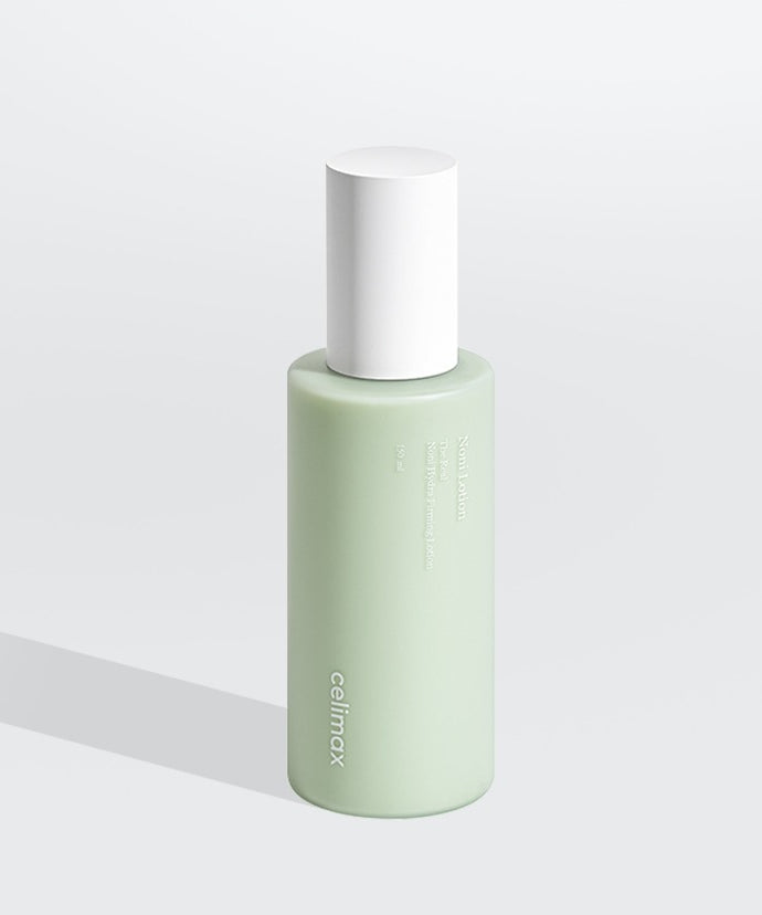 CELIMAX The Real Nino Hydra Firming Lotion 150ml, flacon vert avec pompe, fond blanc, produit de soin en vitrine.