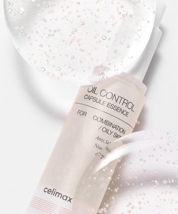 Flacon de CELIMAX Oil Control Capsual Essence 30ml sur fond blanc, essence pour peaux grasses et mixtes.