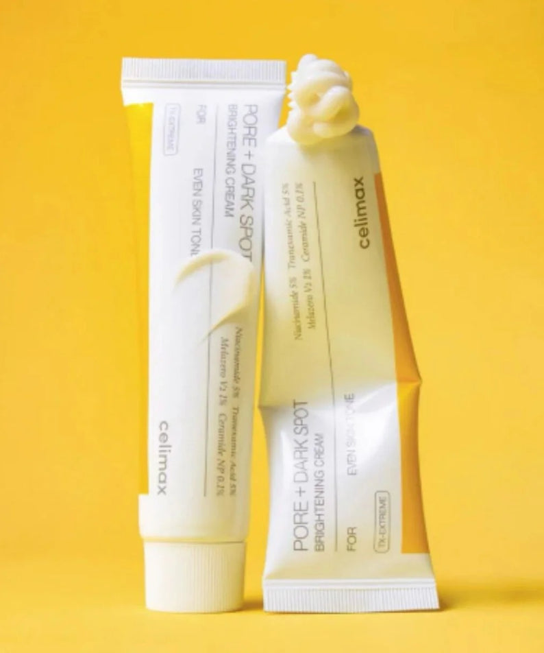 Crème éclaircissante CELIMAX Pore Dark Spot Brightening Cream 35ml, soin pour les pores et taches pigmentaires avec fond jaune