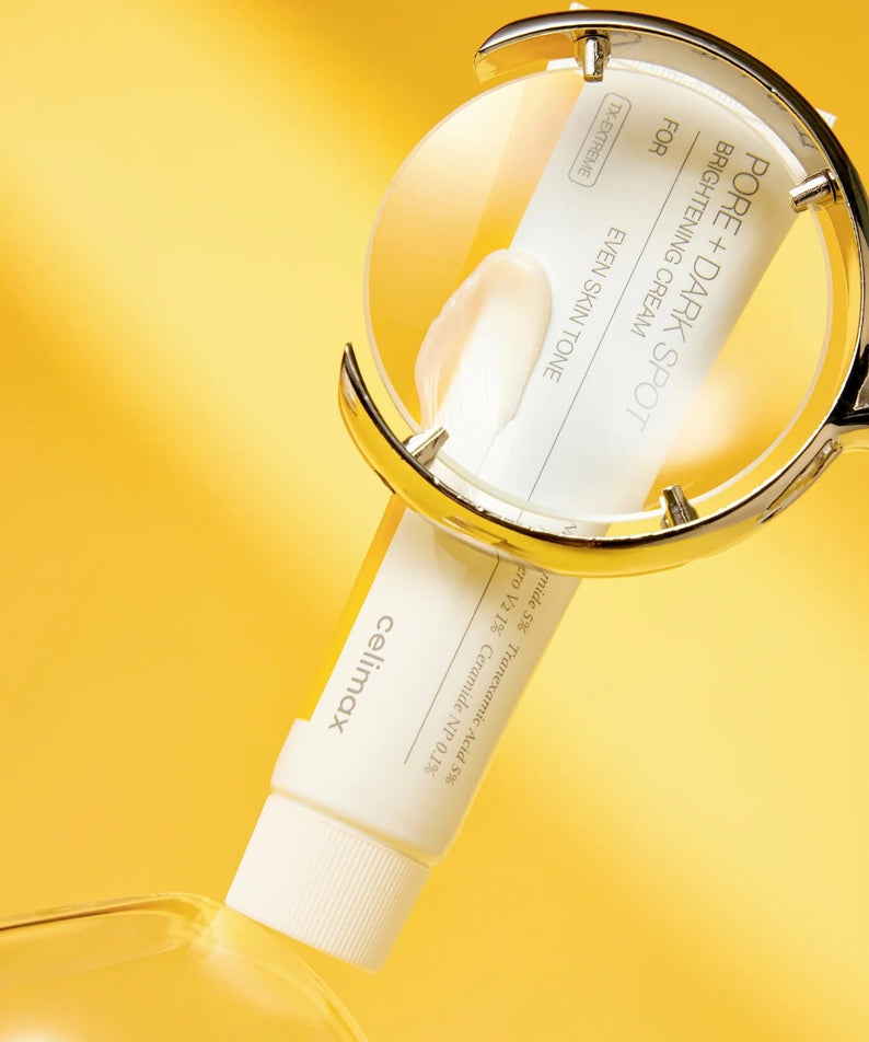 Crème Éclaircissante CELIMAX Pore Dark Spot 35ml avec loupe pour détails.