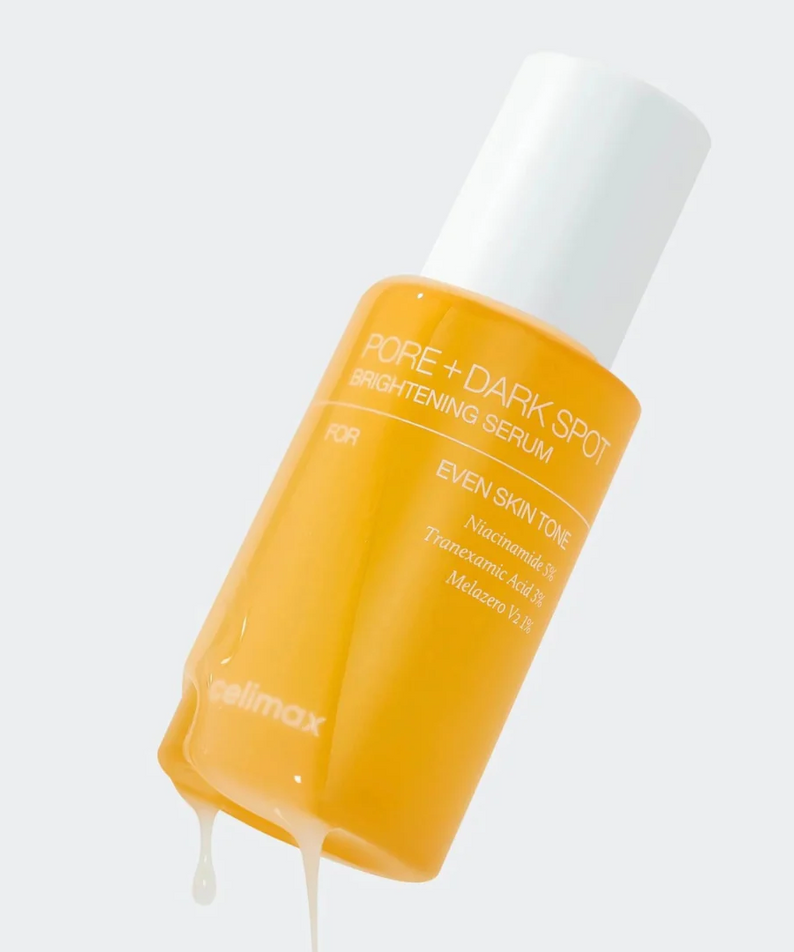 Flacon de CELIMAX Pore Dark Spot brightening Serum 30ml montrant texture liquide du sérum. Sérum éclaircissant pour les pores et taches sombres.