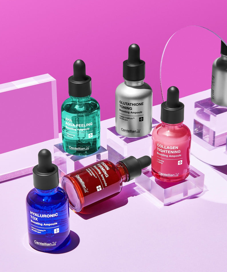 Décris l'image en français en mentionnant le produit, la marque et le contexte visuel: CENTELLIAN 24 Glutathione Toning Boosting Ampoule 30ml 5 Types