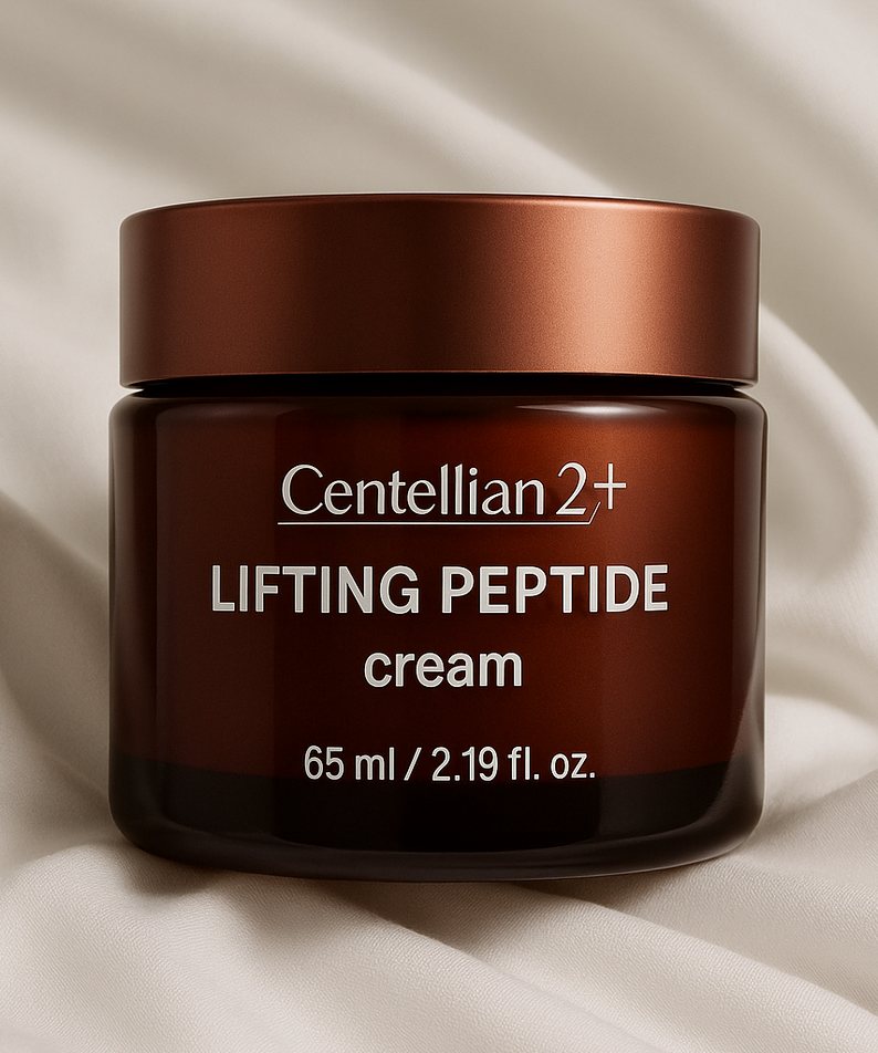 CENTELLIAN 24 Lifting Peptide Cream 65ml de la marque Centellian, pot brun sur tissu beige, ambiance luxe