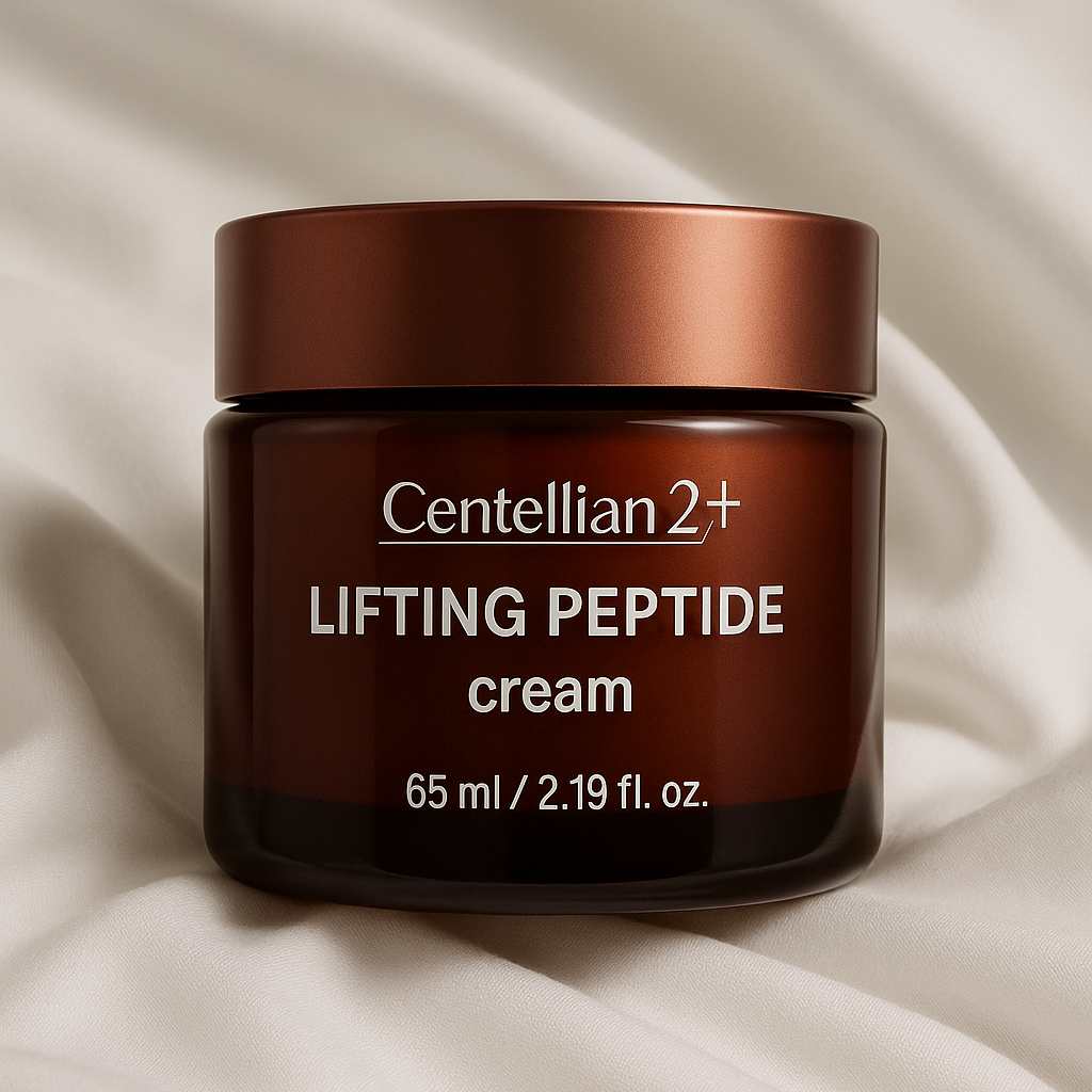 CENTELLIAN 24 Lifting Peptide Cream 65ml de la marque Centellian, pot brun sur tissu beige, ambiance luxe