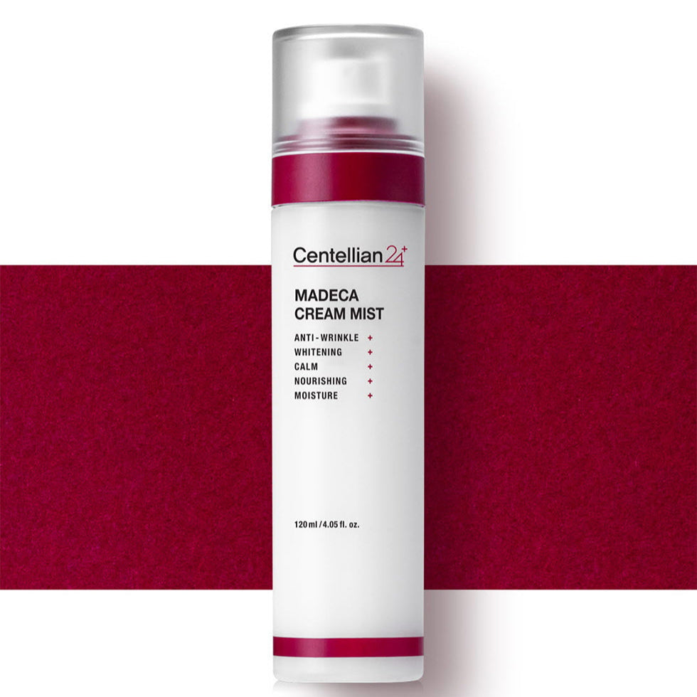 CENTELLIAN 24 Madeca Cream Mist 120ml, flacon blanc sur fond bordeaux, marque Centellian24 visible (produit beauté)
