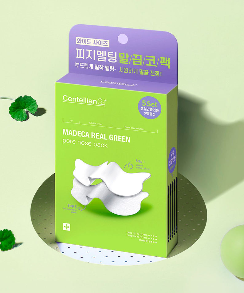 CENTELLIAN 24 Madeca Real Green Pore Nose Pack (5 sheets) : pack vert sur fond pastel, avec feuilles vertes, visuel produit