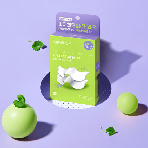 CENTELLIAN 24 Madeca Real Green Pore Nose Pack (5 sheets) de la marque Centellian, pack sur fond violet, feuilles vertes.