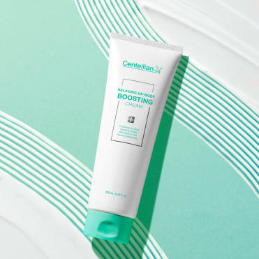 CENTELLIAN 24 Relaxing Up Body Boosting Cream 250ml de la marque, tube sur fond rayé vert, image produit.
