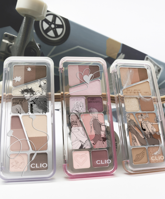 CLIO Pro Eye Palette Air (#01 to #21) de CLIO : palettes déclinées en mini boîtiers, maquillage yeux, set de couleurs sur fond graphique.