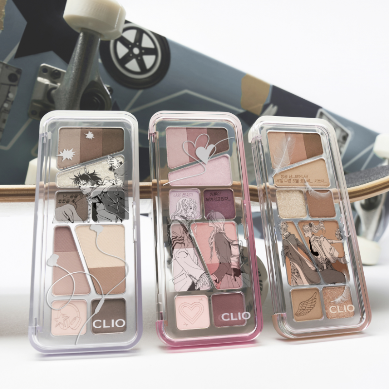 CLIO Pro Eye Palette Air (#01 to #21) de CLIO : palettes déclinées en mini boîtiers, maquillage yeux, set de couleurs sur fond graphique.