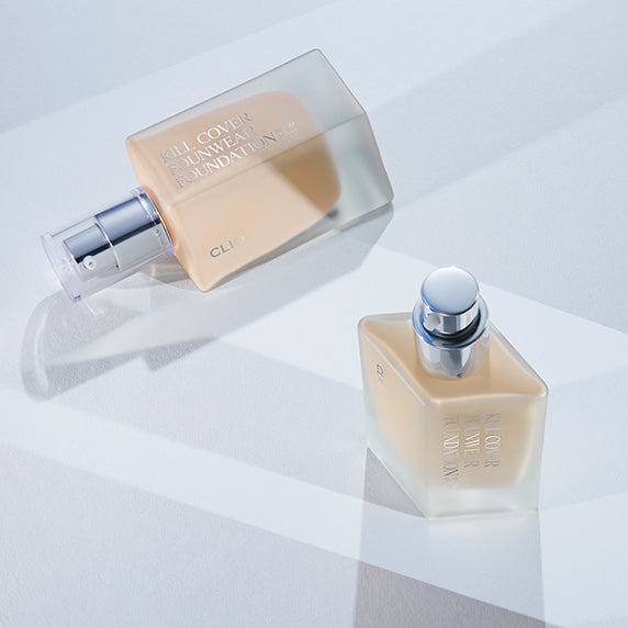 CLIO Kill Cover High Glow Foundation 38g, marque CLIO, flacons effet glow sur fond clair et géométrique, maquillage.