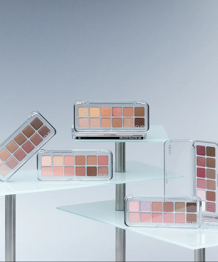 CLIO Pro Eye Palette Air (#01 to #21) de CLIO : palettes fards à paupières en échantillons sur fond blanc, visuel produits.