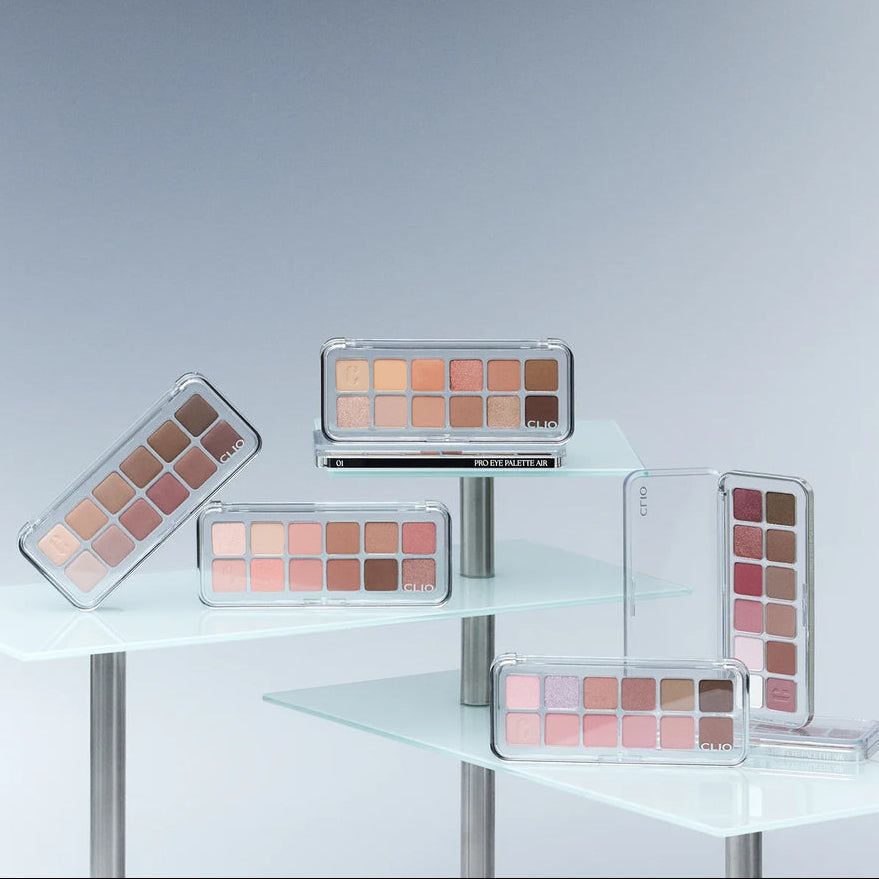 CLIO Pro Eye Palette Air (#01 to #21) de CLIO : palettes fards à paupières en échantillons sur fond blanc, visuel produits.