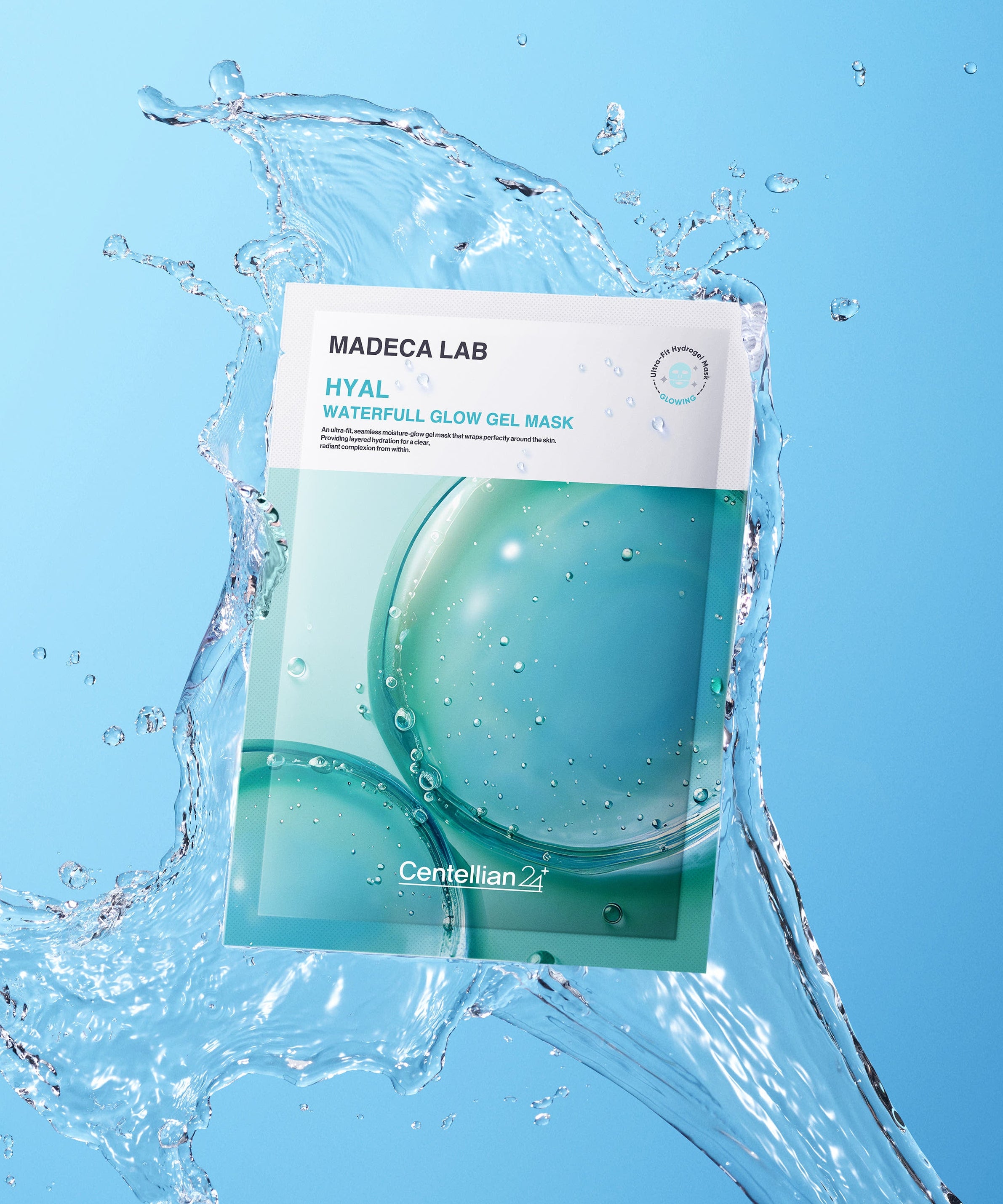 Masque en gel CENTELLIAN 24 Madeca Lab 22ml x 1 feuille sur fond bleu avec éclaboussures d'eau.