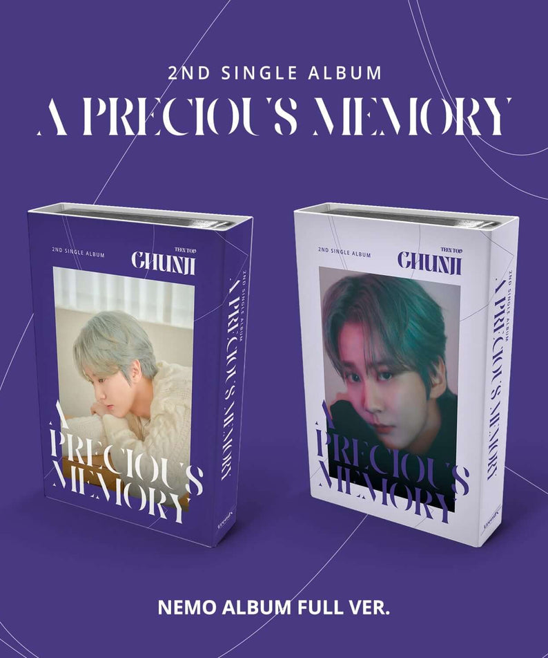 CHUNJI - 2nd Album [A Precious Memory] Set of 2 - Album Kpop : boîtiers 2nd single album sur fond violet, visuel promotionnel.