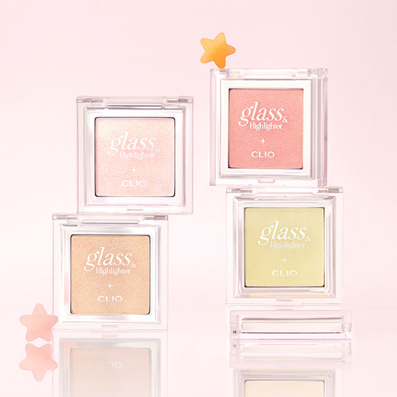 CLIO Glass & Highlighter de la marque CLIO, maquillage en poudre dans des boîtiers transparents sur fond rose