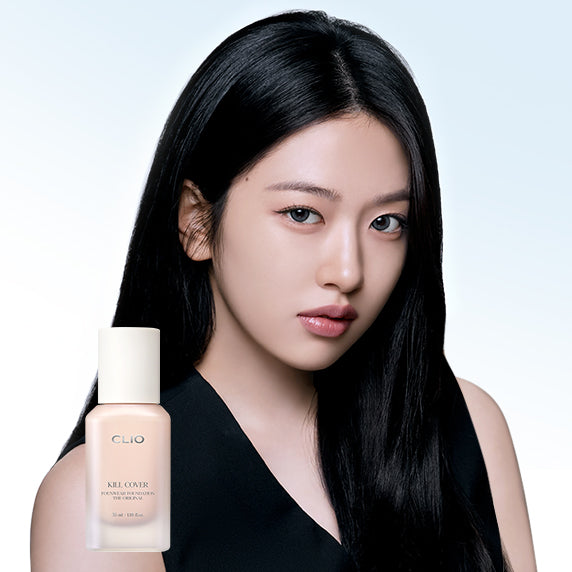 Portrait maquillage avec CLIO Killcover Founwear Foundation The Original 35ml, la marque CLIO en flacon sur fond clair