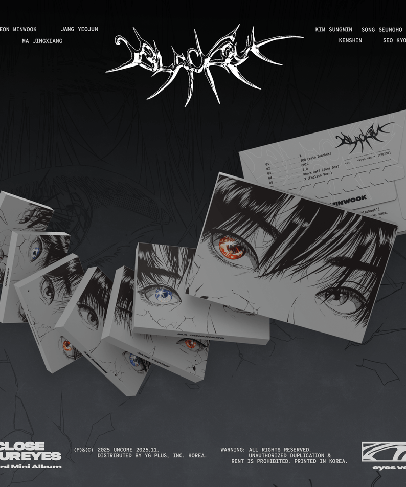 CLOSE YOUR EYES - The 3rd Mini Album [blackout] (eyes ver.) - Album Kpop, visuel noir avec pochettes yeux, marque CLOSE YOUR EYES.