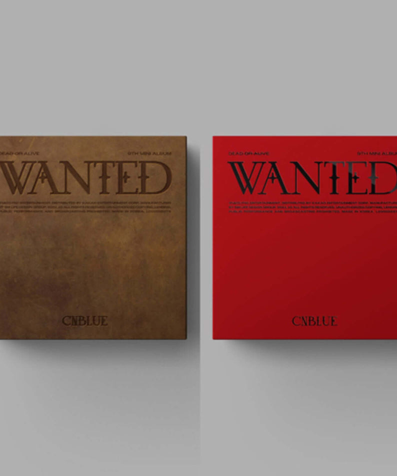CNBLUE - 9TH [WANTED] (SET) - Album Kpop, coffret collectionneur avec versions Wanted marron et rouge, sur fond gris.