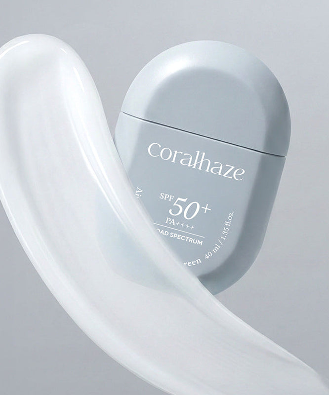 CORALHAZE Airy Fit Ection Mild Sunscreen 40ml, tube crème SPF50+ dans un visuel sur fond gris, marque Corahaze.