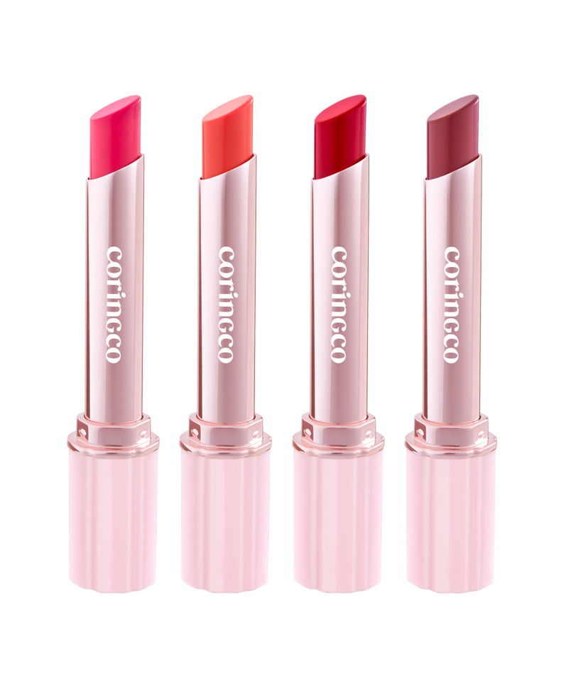 CORINGCO Pink Churrons Plumping Glossy Lip, 4 glosses roses sur fond blanc, marque CORINGCO, visuel produit.