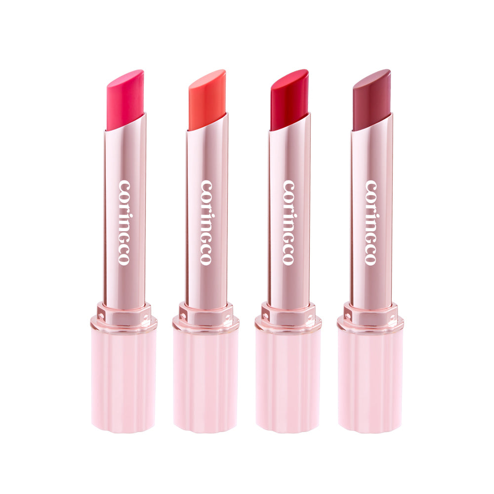 CORINGCO Pink Churrons Plumping Glossy Lip, 4 glosses roses sur fond blanc, marque CORINGCO, visuel produit.