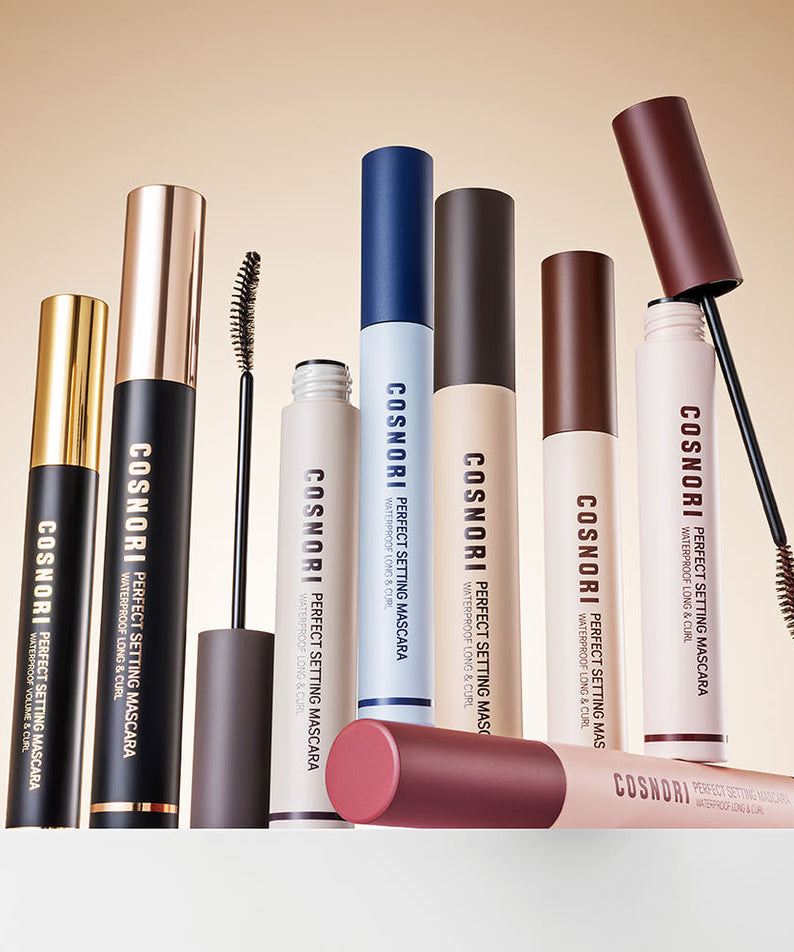COSNORI 1+1 Perfect Setting Waterproof Mascara 8 Types, pack de mascaras waterproof COSNORI sur fond beige, vue produit