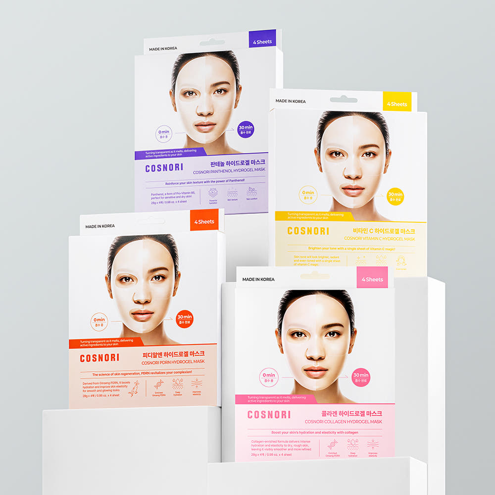COSNORI Hydrogel Mask 4 sheets, marque COSNORI, masques hydrogel sur fond clair, produits emballés montrés
