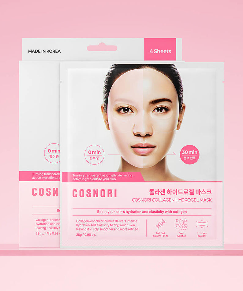 COSNORI Hydrogel Mask 4 sheets : marque COSNORI, masque hydrogel, pack avec visage sur fond rose, 4 feuilles