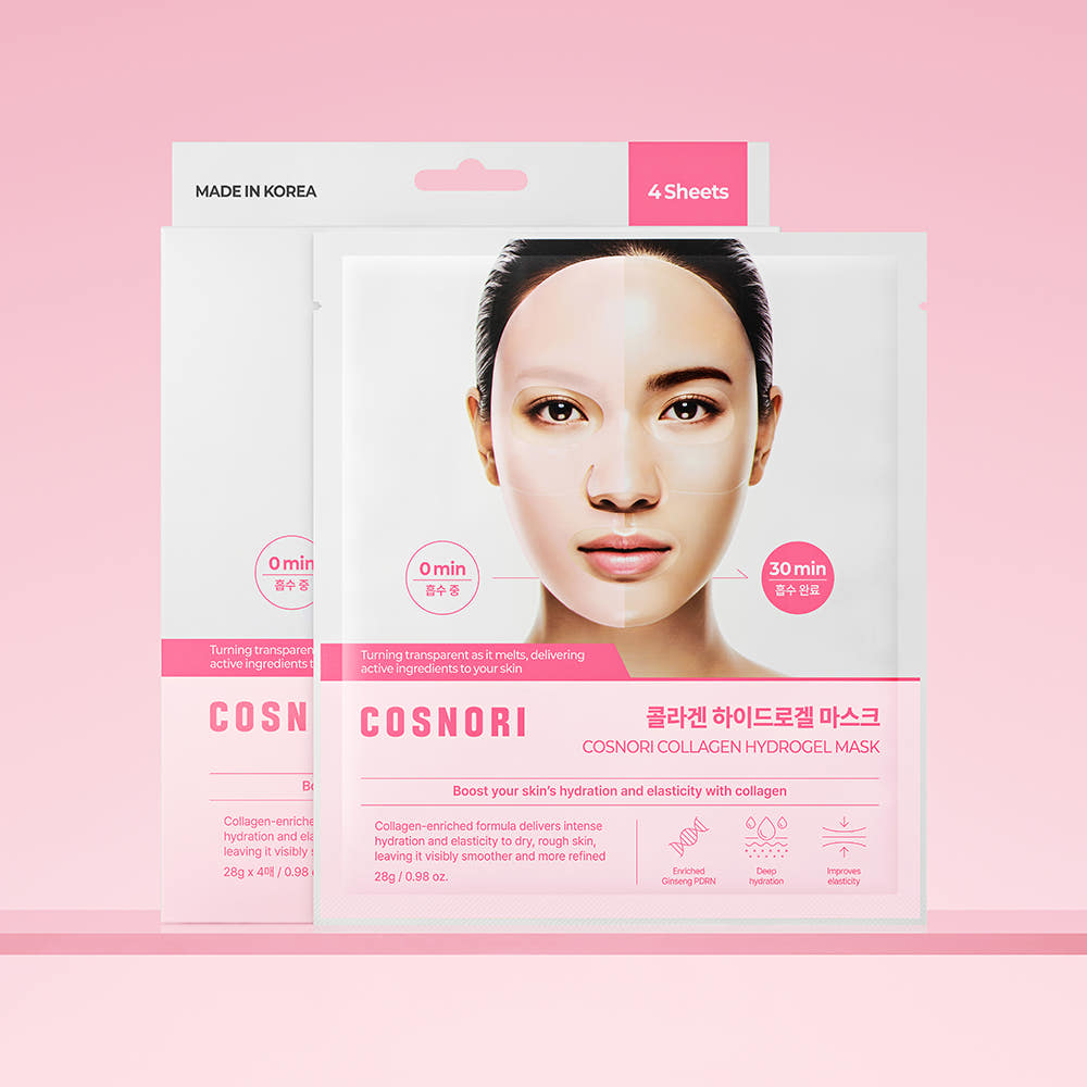 COSNORI Hydrogel Mask 4 sheets : marque COSNORI, masque hydrogel, pack avec visage sur fond rose, 4 feuilles
